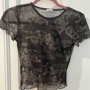 Garage Black Sheer Dragon-Print Short Sleeve Top